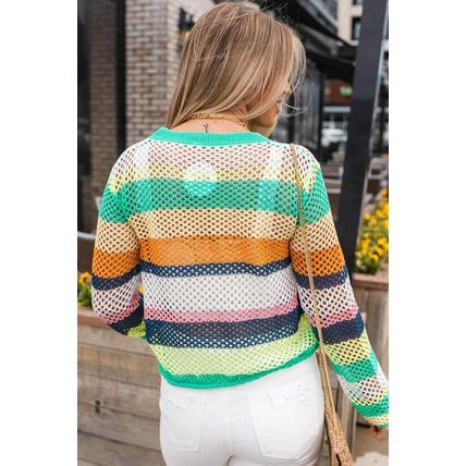 Green Colorblock Patchwork Knit Crochet Eyelet Sweater