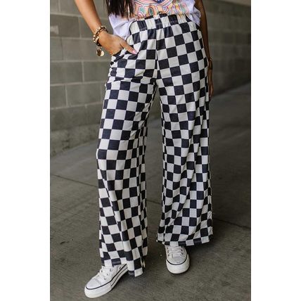 Black 2-Tone Checked Print High Waist Wide Leg Pants