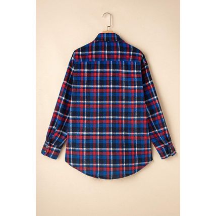 Navy Blue Plaid Flap Pocket Button Up Shacket
