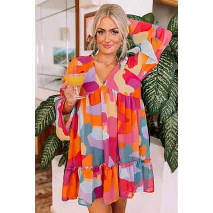 Red Abstract Print Bell Sleeve V Neck Babydoll Dress