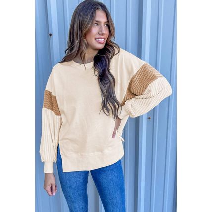 Apricot Corduroy Patchwork Drop Shoulder Long Sleeve Sweatshirt