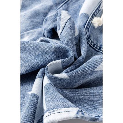 Light Blue Star Print Light Wash Drawstring High Waist Wide Leg Jeans