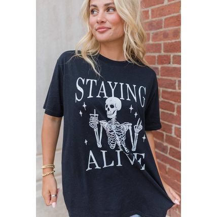 Black STAYING ALIVE Funny Skeleton Print Round Neck T Shirt