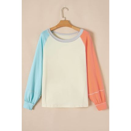 Yellow Cream Colorblock Patchwork Crew Neck Long Sleeve Top