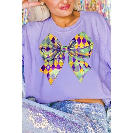 Wisteria Mardi Gras Bowknot Pattern Crew Neck T Shirt