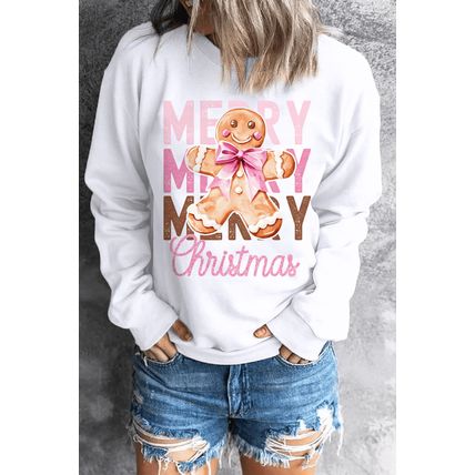 Beige Merry Christmas Gingerbread Man Graphic Sweatshirt