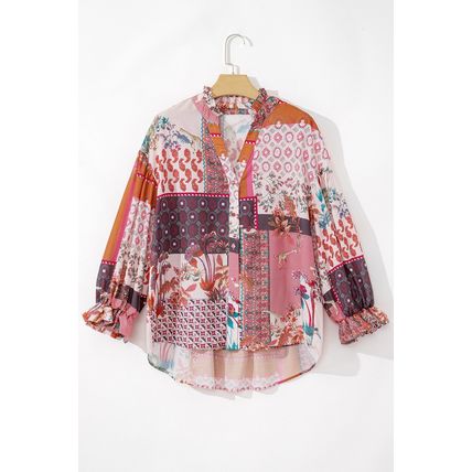 Red Boho Geometric Mixed Print Patchwork Bubble Sleeve Shirt