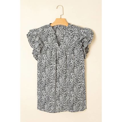 Black Rose Floral Print Ruffle Sleeve Plus Size Shift Top