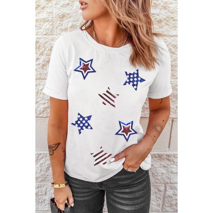 White USA Sequin Stars Patched Casual T Shirt