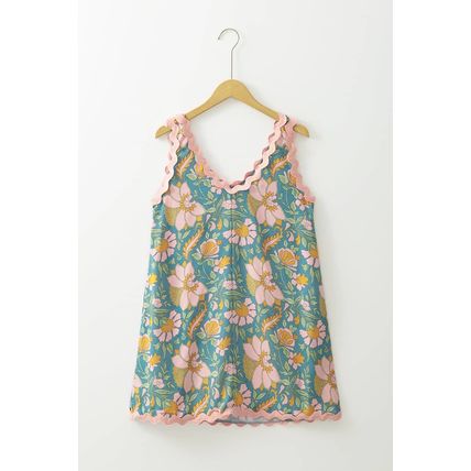 Sky Blue Floral Ricrac Trim V Neck Shift Mini Tank Dress