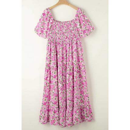 Pink Dainty Floral Smocked Puff Sleeve Flowy Long Dress