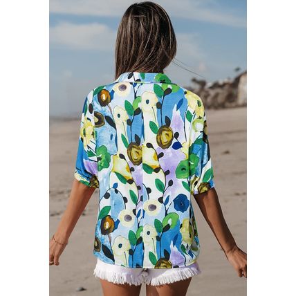 Light Blue Floral Print Slit V Neck Short Sleeve Blouse