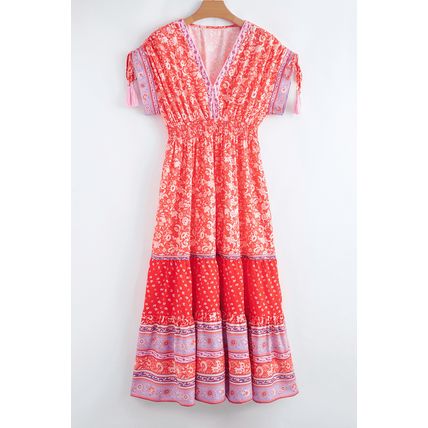 Red Floral Print Tasseled Tied Sleeve Empire Waist Maxi Dress