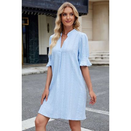 Beau Blue Jacquard Texture Flared Short Sleeve Notched Neck Mini Dress