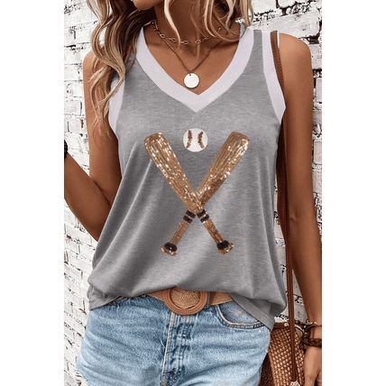 Gray Sequined Baseball Bat Graphic Ribbed Trim Casual Tank Top