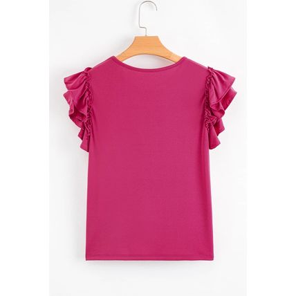 Rose Red Short Ruffle Sleeve Round Neck Blouse