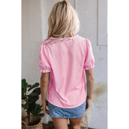 Pink Floral Embroidered Puff Sleeve Notched V Neck Blouse
