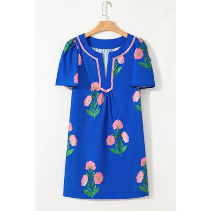 Blue Floral Short Sleeve Split Neck Loose Mini Dress