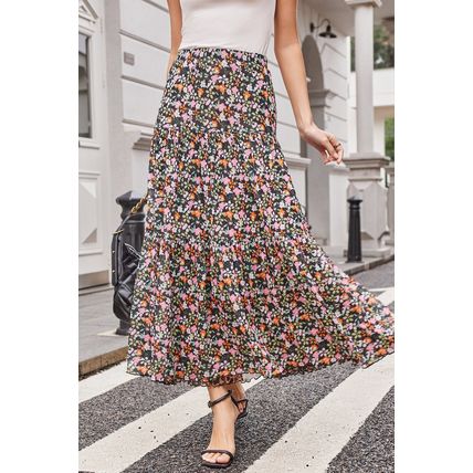 Brown Leopard Floral Reversible Ruffle Hem Maxi Skirt