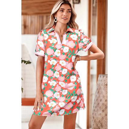 Fresh Salmon Floral Print Contrast Striped Trim Polo Collar T Shirt Dress