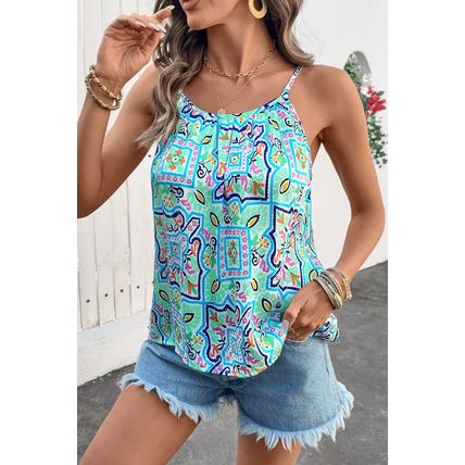 White Rhinestone Boho Floral Printed Spaghetti Strap Tank Top