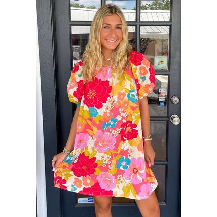 Pink Floral Print Bubble Short Sleeve Dress