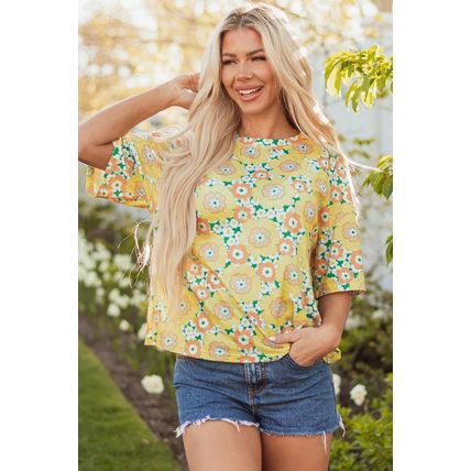 Yellow Summer Flower Printed Drop Shoulder Loose T Shirt