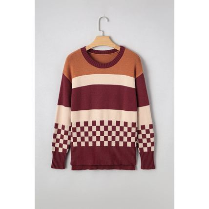 Brown Checkered Color Block Knitted Drop Shoulder Sweater