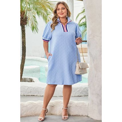 Beau Blue Contrast Striped Trim Zipped Stand Collar Textured Puff Sleeve Plus Si