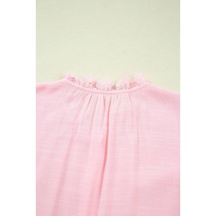 Gossamer Pink Lace Patchwork Edge Collarless Button Up Shirt