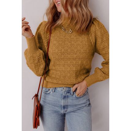 Jurassic Gold Hollow Out Crochet Ribbed Edge Balloon Sleeve Sweater