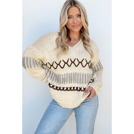Parchment Contrast Stitch Detail V Neck Drop Shoulder Sweater