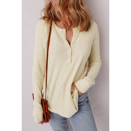 Oatmeal Textured Knit Half Buttons Henley Top