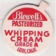 CA Lodi Milk Bottle Cap Name/Subject: Blewett's Whipping Cream Blewett Dai~22