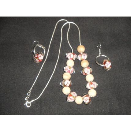 Stunning necklace & earring set pink white lampwork glass & natural wood bead