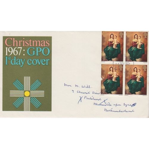 GB 1967 Christmas GPO 4 x 3d block stamps FDC Newcastle pm see others