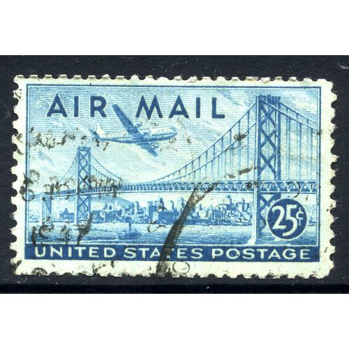 USA 1947 Air Mail, Plane Over Bridge, 25c — Blue, Scott C36, Used