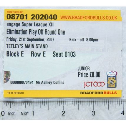 2007 ticket Bradford Bulls Elimination Play Off Round One junior