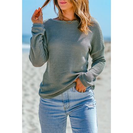 Green Waffle Knit Drop Shoulder Long Sleeve Top
