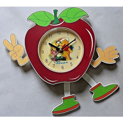 Novelty, Apple Shaped, Wall Clock Decorated with a Bear & Piglet