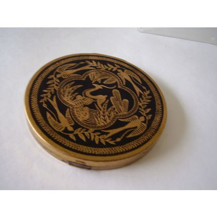 Vintage Art Deco Stag Woodcut Design Powder Compact 3.5" Quatrefoil Bird & Leaf