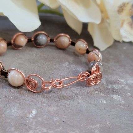 Handmade Wire Wrapped Cuff Sunstone Bead Bracelet
