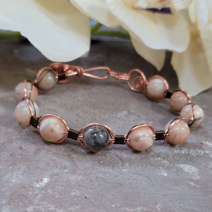 Handmade Wire Wrapped Cuff Sunstone Bead Bracelet