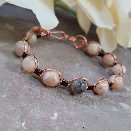 Handmade Wire Wrapped Cuff Sunstone Bead Bracelet