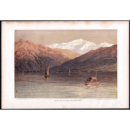 MONT BLANC FROM ABOVE MORGES 1880 Switzerland ANTIQUE CHROMOLITHOGRAPH