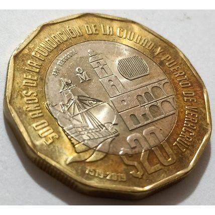 Mexico 500 years Foundation of Veracruz 1519 Bimetallic $20 pesos 2019
