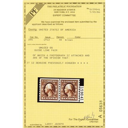 395, Mint VF VLH 4¢ Coil Line Pair - With PFC Certificate - Stuart Katz