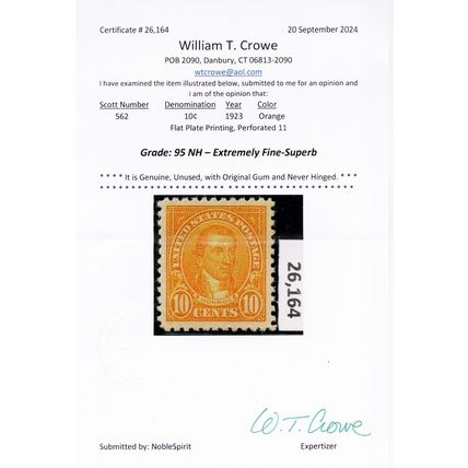 562, Mint XF NH 10¢ - With Graded 95 Certificate - Stuart Katz