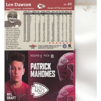 LEN DAWSON & PATRICK MAHOMES ROOKIE AUTO 2000/18 KANSAS CITY CHIEFS HOF MVP QB'S