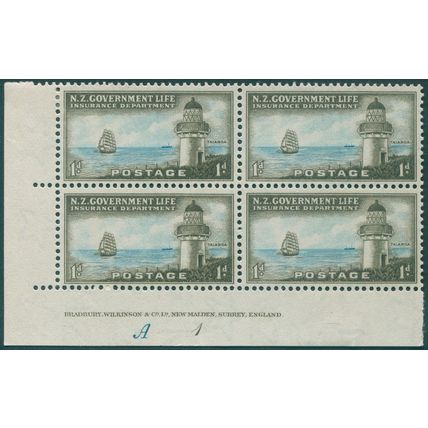 New Zealand 1947 1d. grey-olive & pale blue Life Insurance SGL43 unused block x4
